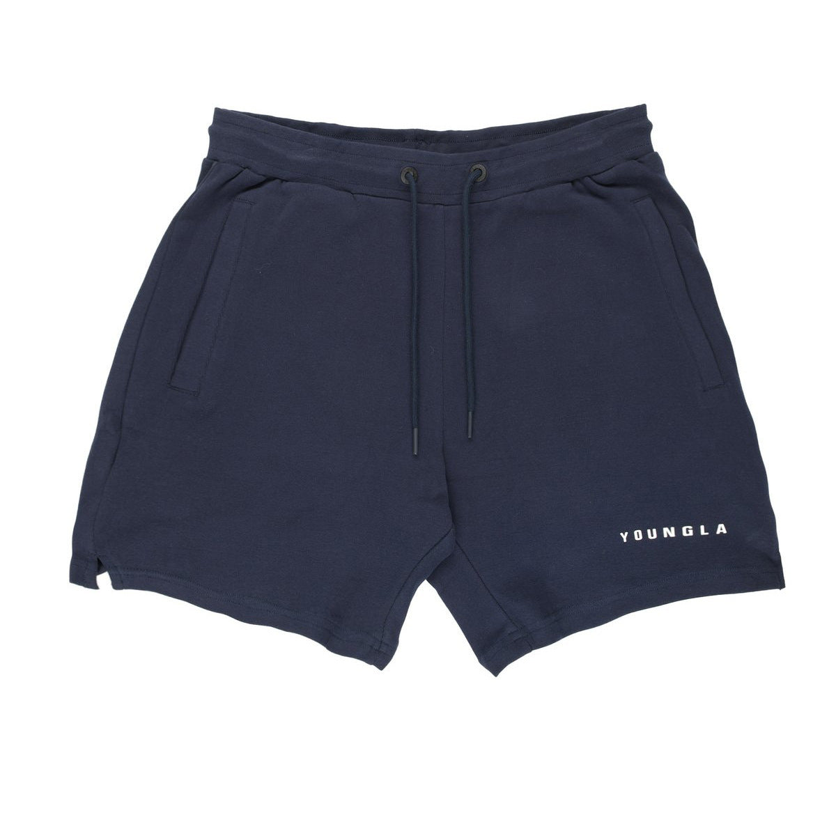 Navy shorts with 'YOUNGLA' branding on a white background