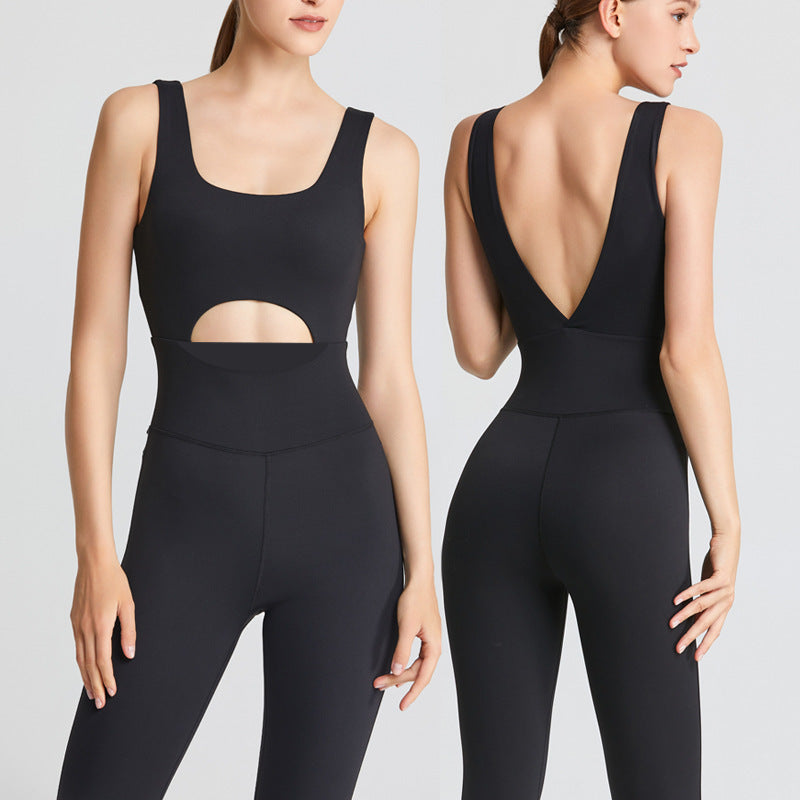 Black athletic outfit with cutout design on a plain background