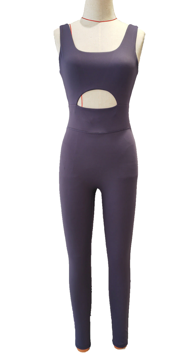Purple jumpsuit with cutout design on a mannequin against a gray background