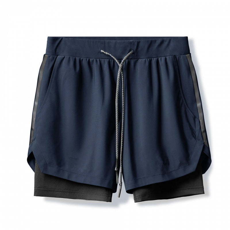 Navy blue athletic shorts with a drawstring on a white background