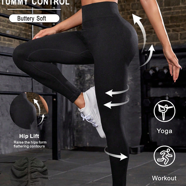 Person wearing black leggings with text and icons indicating features and activities.