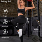 Woman exercising with text and icons indicating fabric suitability for yoga, workout, and daily wear.