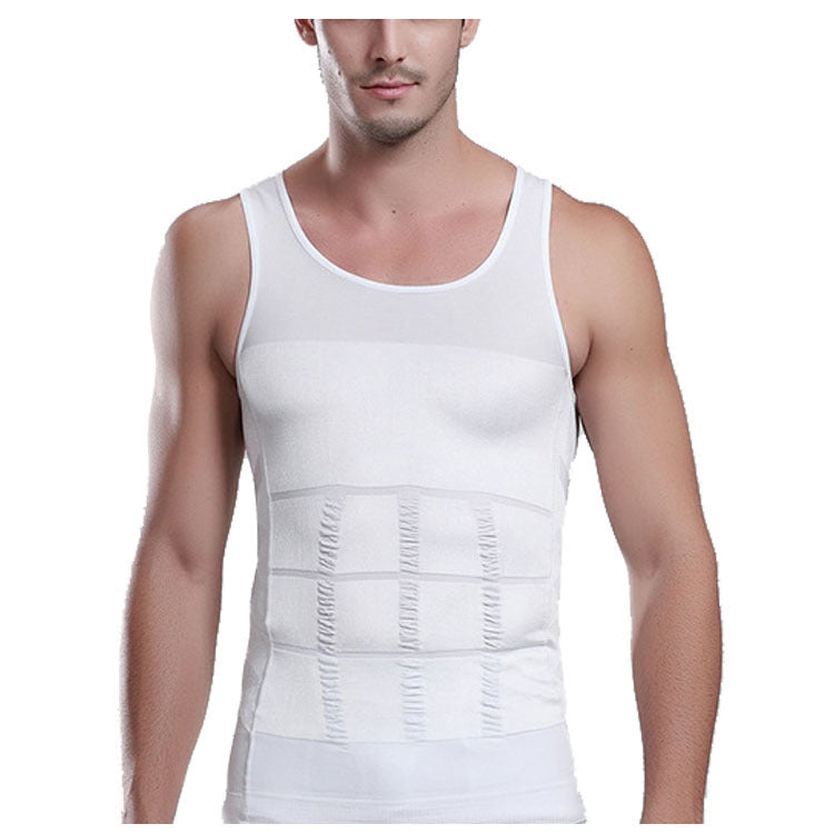 Man wearing a white compression tank top on a white background