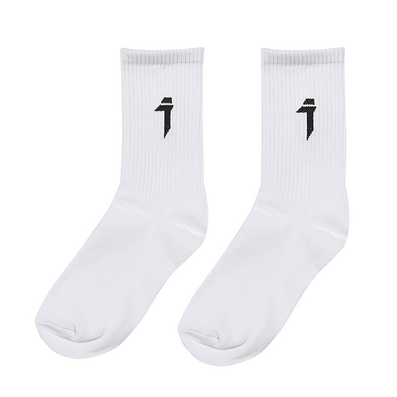 White socks with black logo on a white background