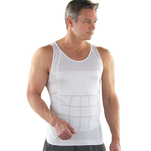 Man wearing a white compression tank top on a white background