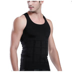 Man wearing a black compression tank top on a white background