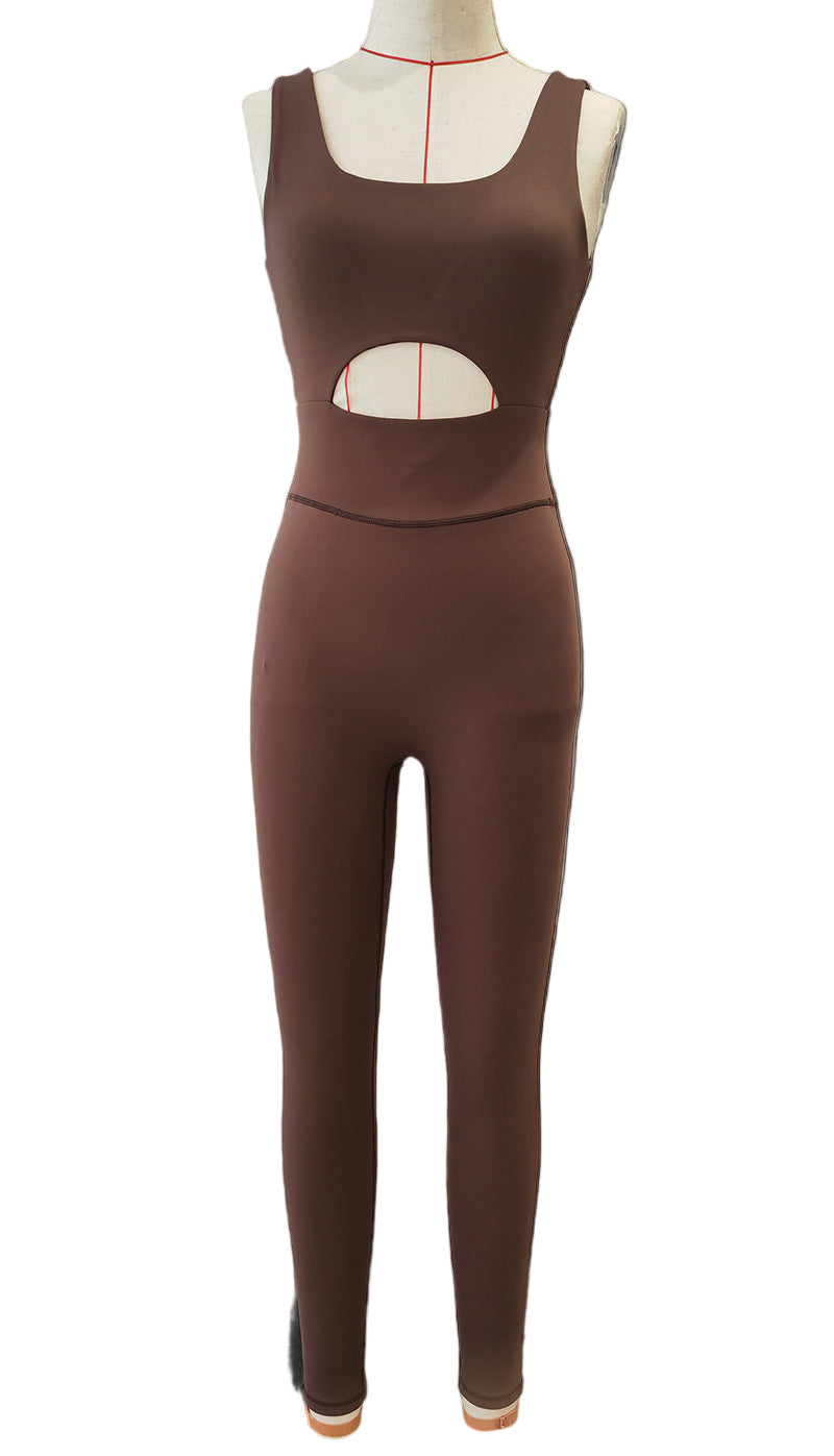 Brown sleeveless top and leggings set on a mannequin against a plain background