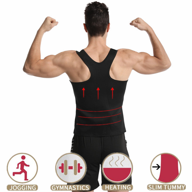 Person wearing a black compression garment with red arrows, showcasing features for jogging, gymnastics, heating, and slim tummy on a white background.