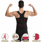 Person wearing a black compression garment with red arrows, showcasing features for jogging, gymnastics, heating, and slim tummy on a white background.
