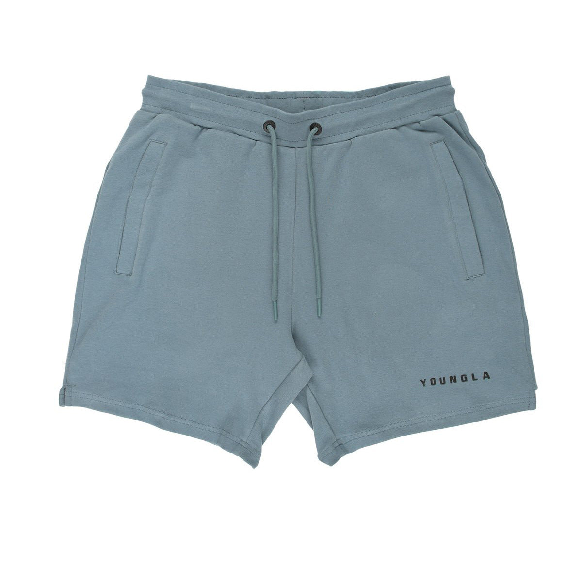 Blue shorts with a drawstring on a white background
