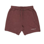 Maroon shorts with a brand logo on a white background