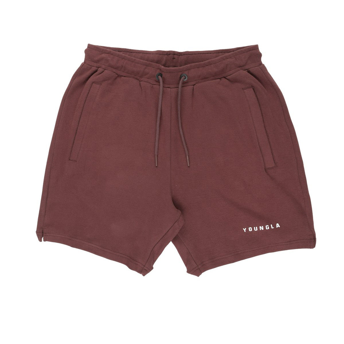Maroon shorts with a brand logo on a white background
