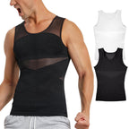 Black mesh tank top worn by a person with additional tank tops displayed on a white background.