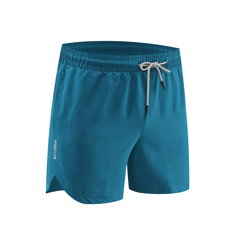 Blue swim shorts with a drawstring on a white background
