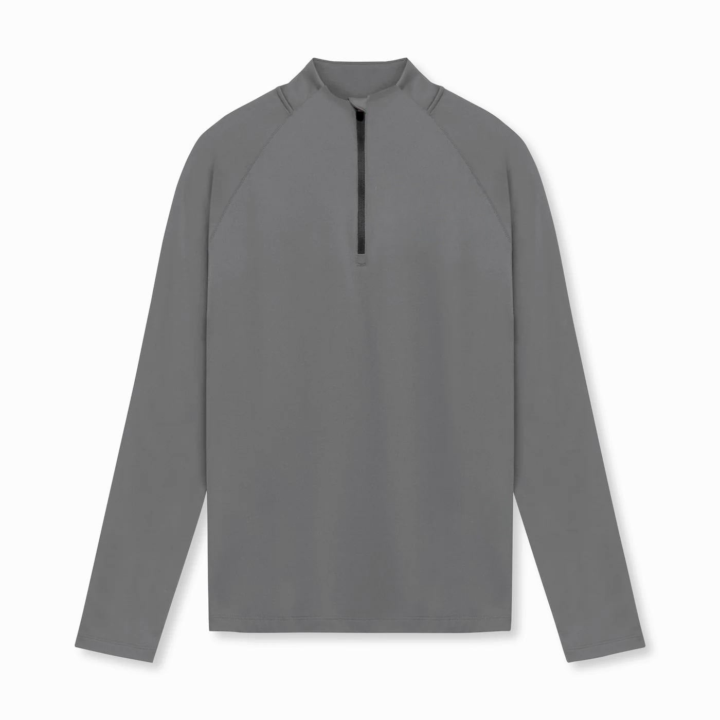 Gray long-sleeve shirt with a black zipper on a white background