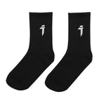 Pair of black socks with a logo on a white background