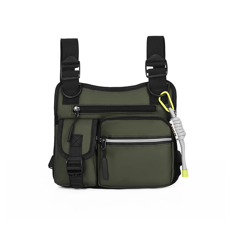 Green shoulder bag with black straps on a white background