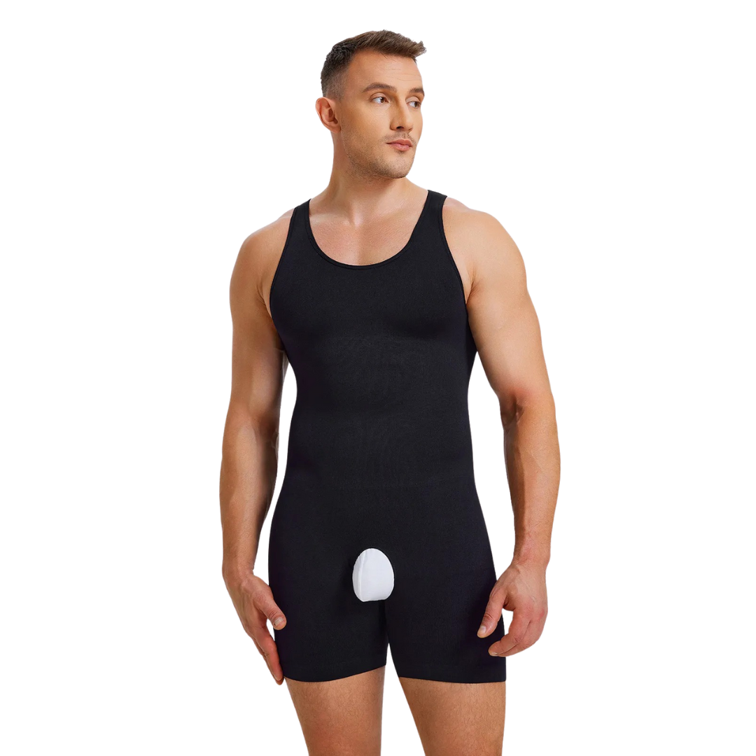 Man wearing a black bodysuit with a white patch on a white background