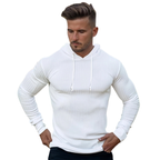Man wearing a white ribbed hoodie on a white background