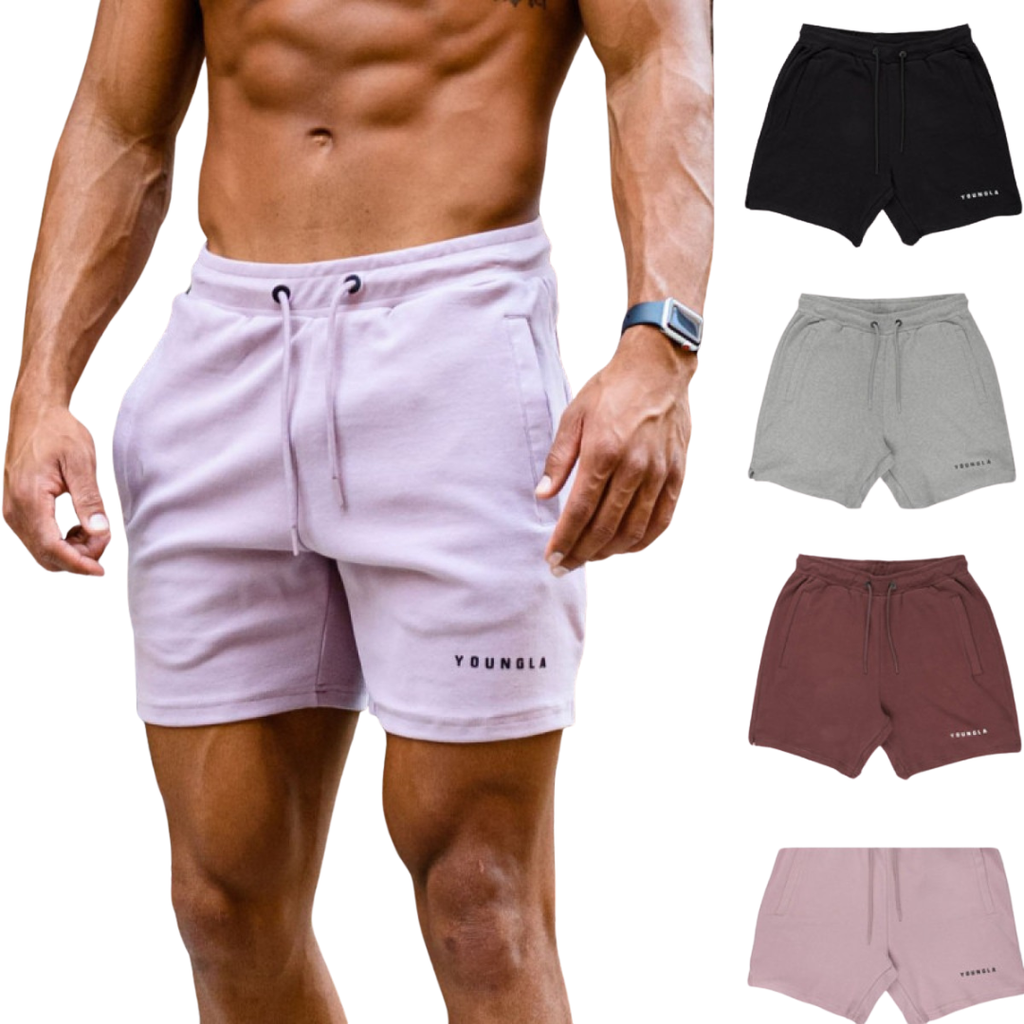 Man wearing light purple shorts with Yonla branding, surrounded by additional color options on a white background.