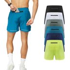 Stack of colorful shorts with a person wearing blue shorts on a white background
