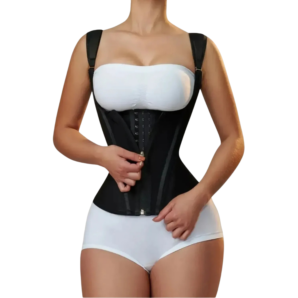 Black waist trainer worn by a person on a white background