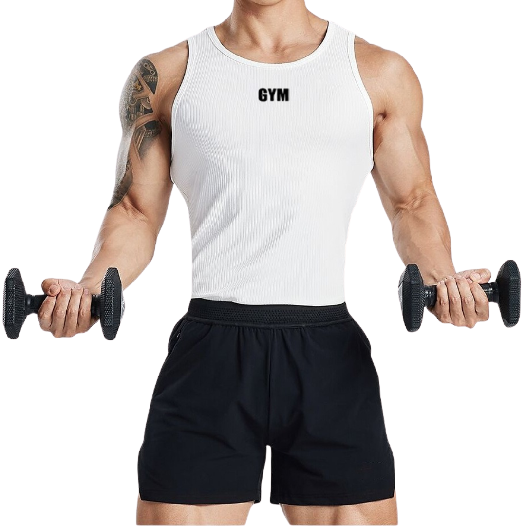 Person wearing a white tank top with 'GYM' text and black shorts, holding dumbbells.