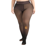 Brown sheer tights with a brand logo on a white background