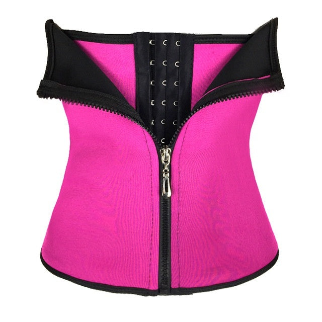 Pink waist trainer with black trim on a white background