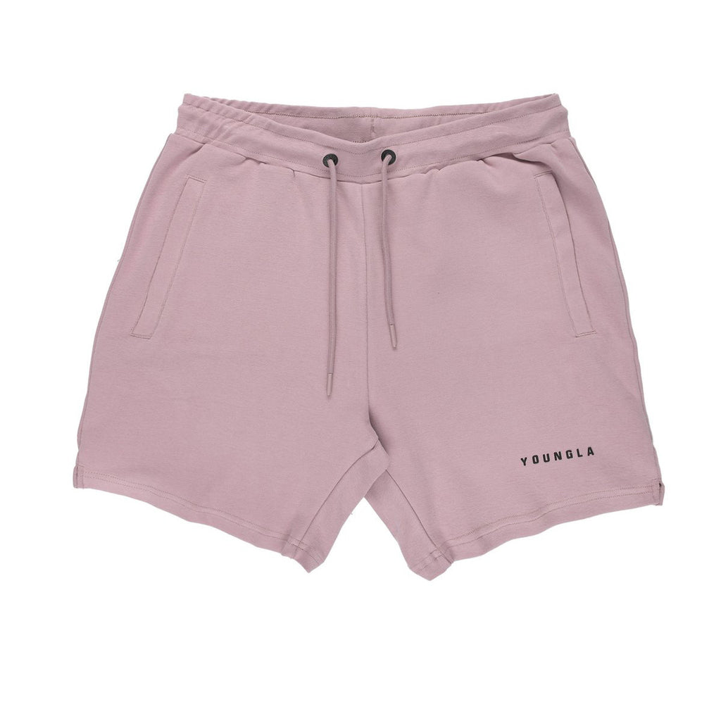 Pink shorts with a brand logo on a white background