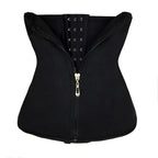 Black waist trainer with a zipper on a white background