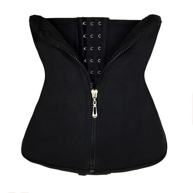 Black waist trainer with a zipper on a white background
