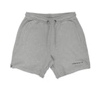Gray shorts with a brand logo on a white background