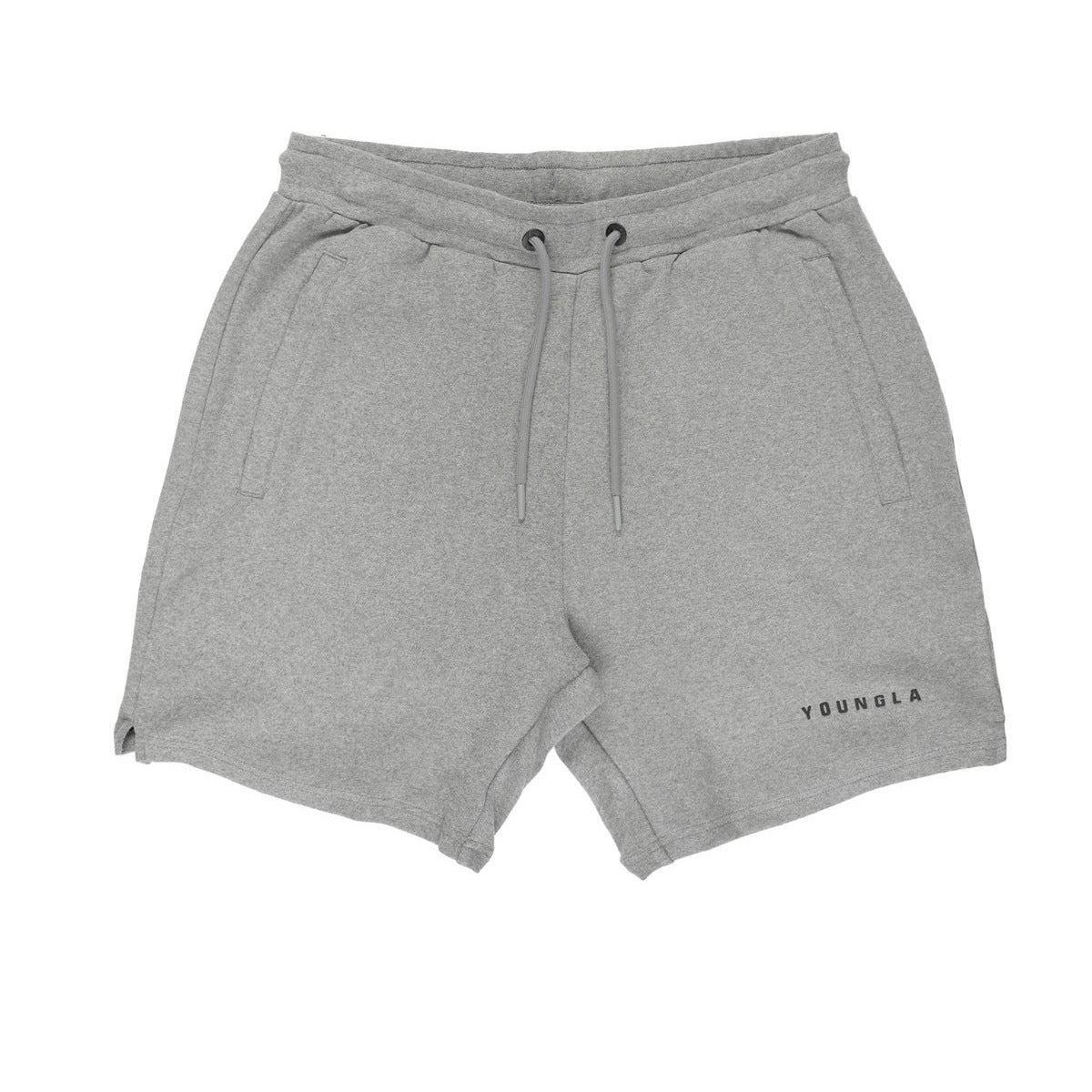Gray shorts with a brand logo on a white background