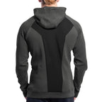 Black and gray hoodie with a person wearing it on a white background