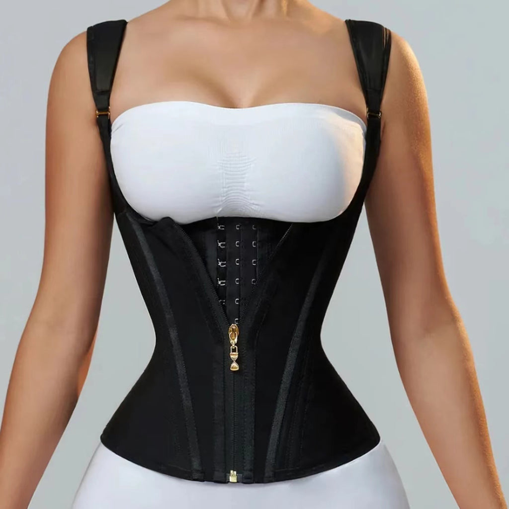 Black waist trainer worn by a model on a gray background