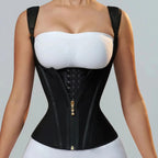 Black waist trainer worn by a model on a gray background