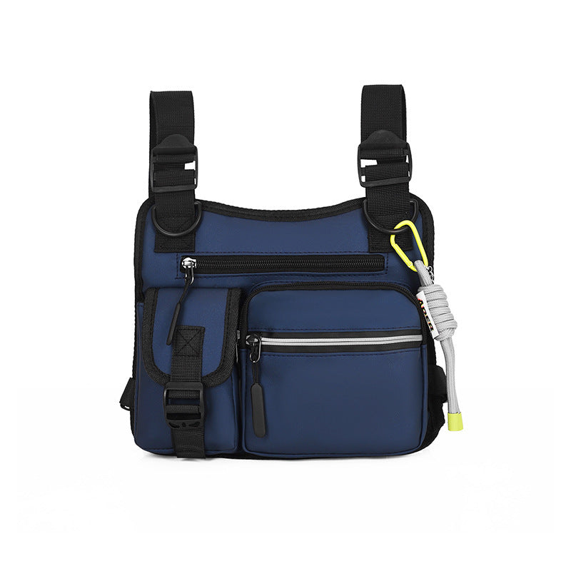 Blue backpack with black straps on a white background