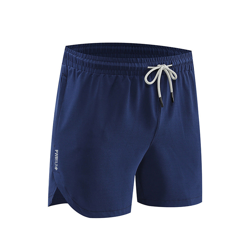 Navy blue shorts with a drawstring on a white background