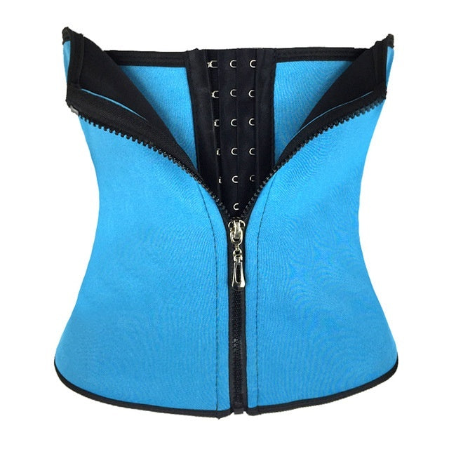 Blue waist trainer with black interior on a white background