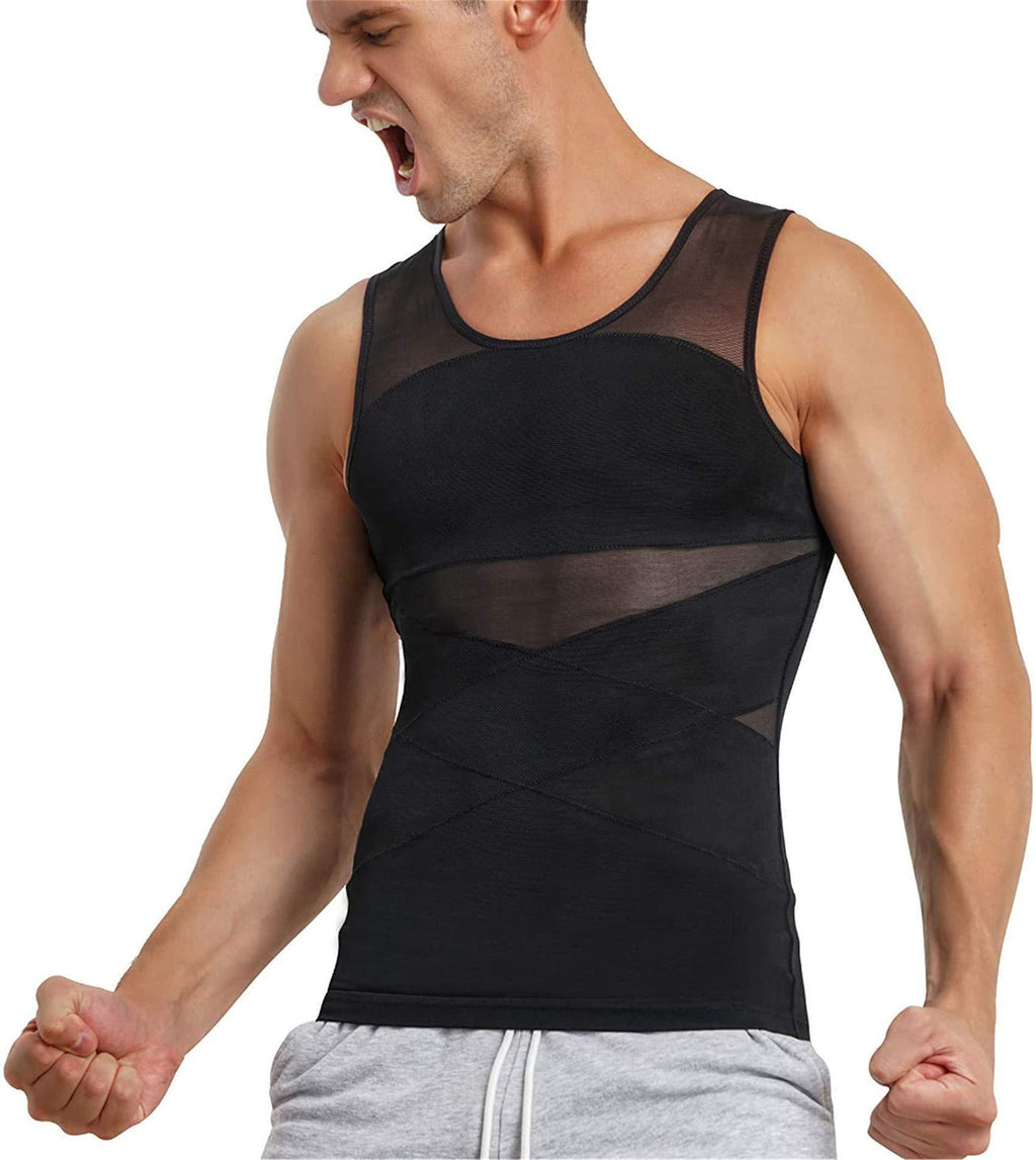 Man wearing a black mesh tank top on a white background