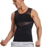 Man wearing a black mesh tank top on a white background